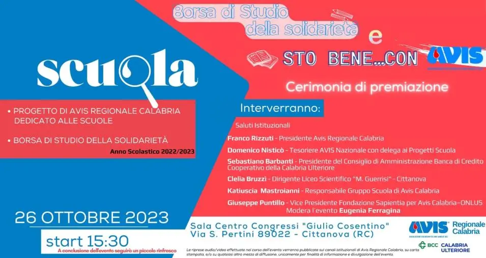 Avis per le scuole: domani 26 ottobre a Cittanova la cerimonia di premiazione degli studenti