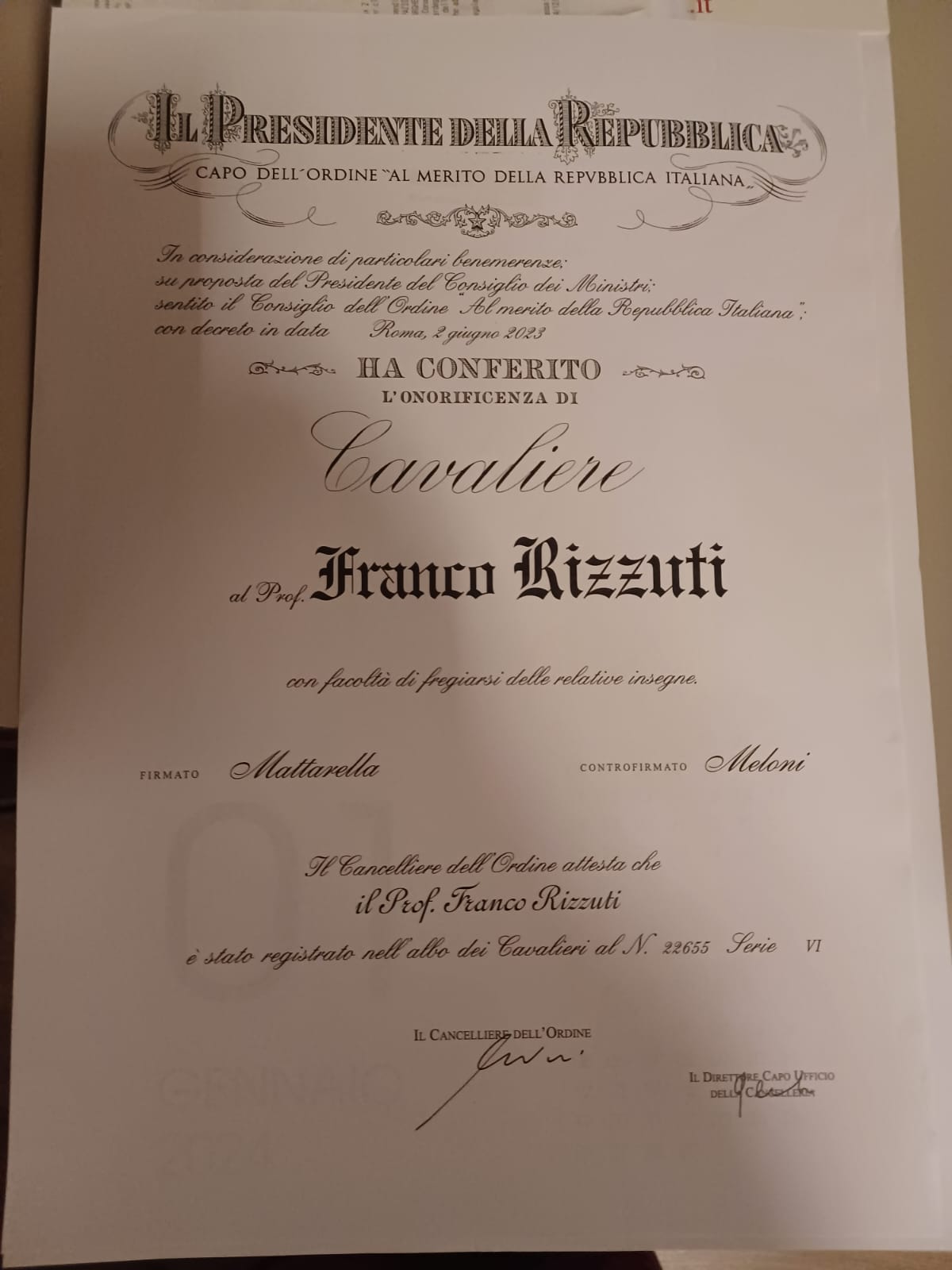 Cerimonia di conferimento dell’onorificenza di Cavaliere dell’Ordine al Merito della Repubblica al Presidente Regionale Franco Rizzuti